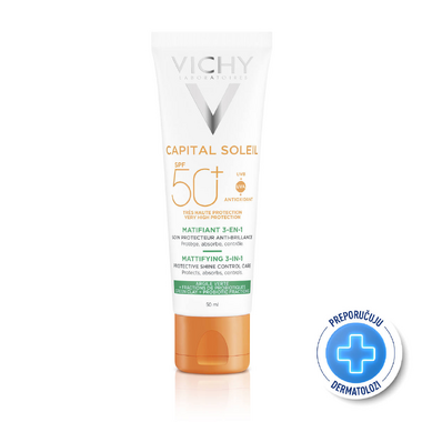 VICHY CAPITAL SOLEIL Matirajuća njega 3-u-1 protiv masnog sjaja SPF50+, 50 ml